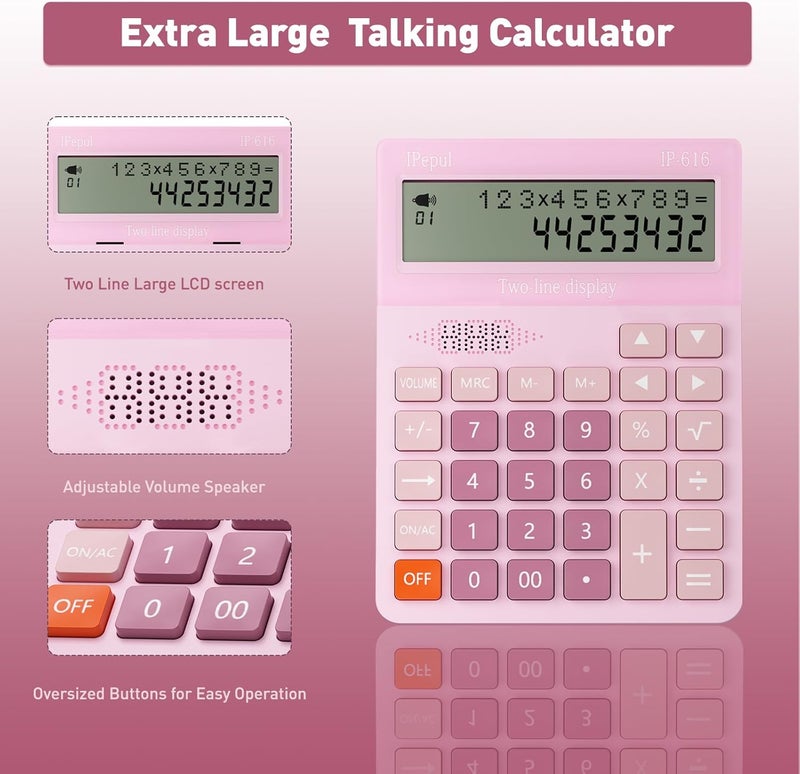 iPepul Calculators Desktop, Desk Calculator with Large 2 Line Display, Talking Basic Calculator with big Button & Adjustable Volume, 4 Function Calculators for Business, Students,School Office Supplies(Pink) - Image 2